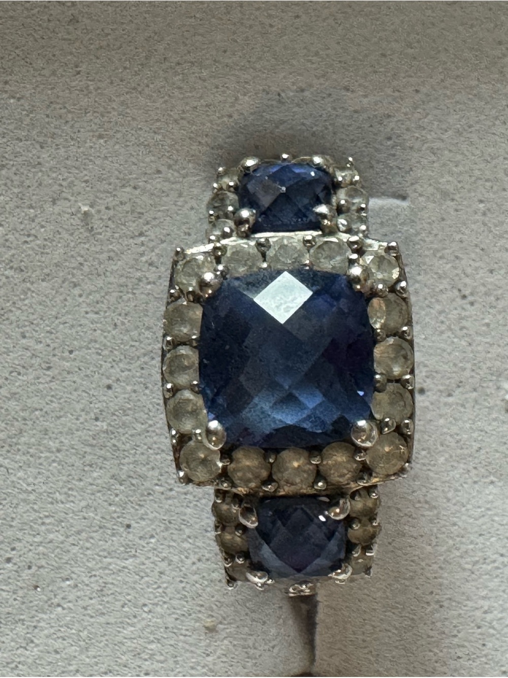 Sterling Silver Lab Cushion sapphire Trio Stone Halo Ring - size 8